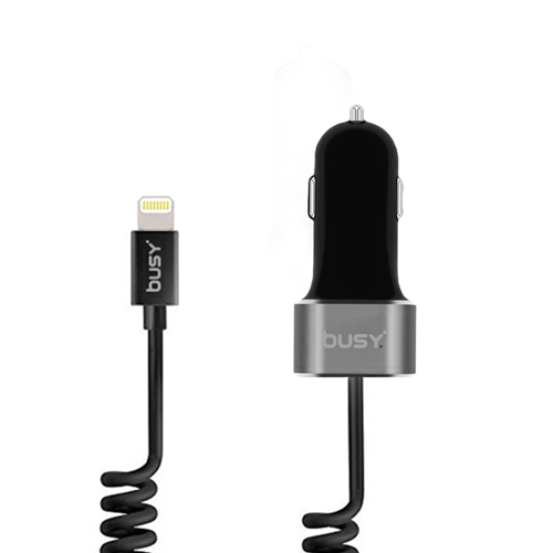 Busy® USB Car charger 2.4A, with spiral lightning cable 1m.- 50700